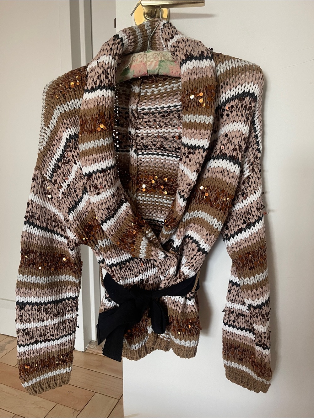 Brunello Cucinelli Brown and Cream Striped Sequin Knit Cardigan with Black tie b